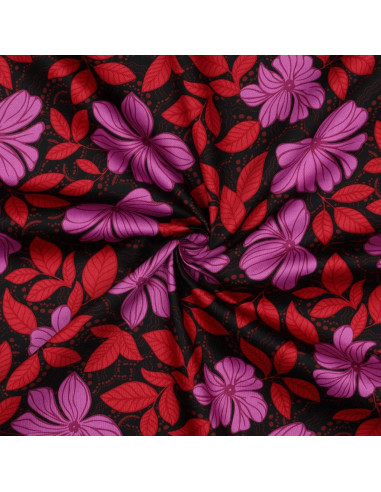 Tissu, Satin de Coton Imprimé, Fleurs Mauves et Rouges sur Fond Noir, Laize 148 cm, 100% Coton 115g/m²
