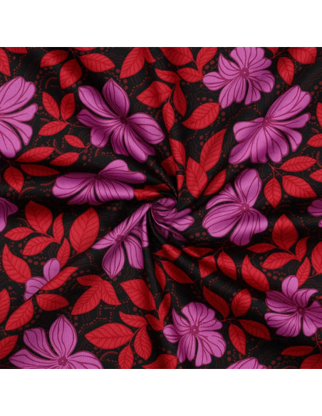 Tissu, Satin de Coton Imprimé, Fleurs Mauves et Rouges sur Fond Noir, Laize 148 cm, 100% Coton 115g/m²