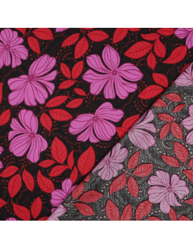 Tissu, Satin de Coton Imprimé, Fleurs Mauves et Rouges sur Fond Noir, Laize 148 cm, 100% Coton 115g/m²