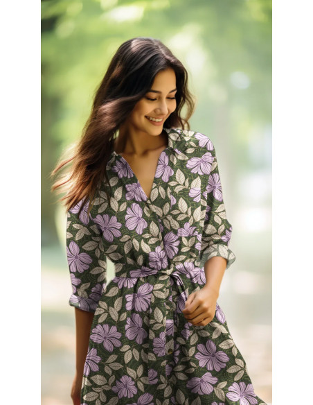 Satin de coton imprimé, fleurs mauves