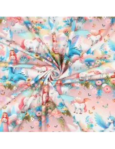 Tissu, Jersey de Coton Imprimé Licornes Féeriques, Bleu et Rose Pastel, Laize 140 cm, Coton Stretch 2