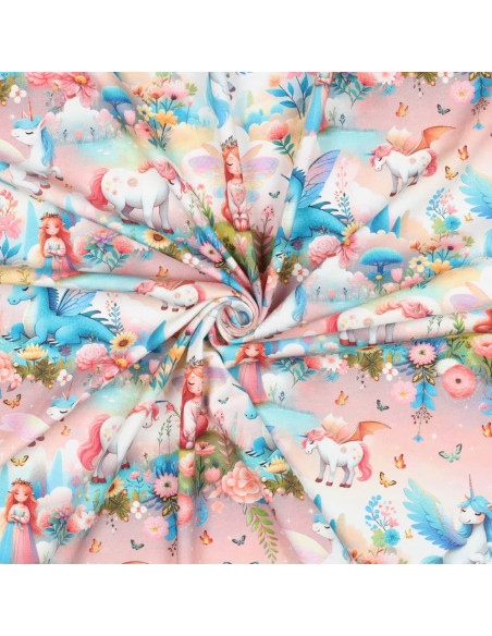 Tissu, Jersey de Coton Imprimé Licornes Féeriques, Bleu et Rose Pastel, Laize 140 cm, Coton Stretch