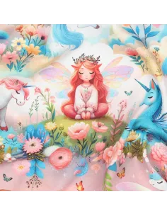 Tissu, Jersey de Coton Imprimé Licornes Féeriques, Bleu et Rose Pastel, Laize 140 cm, Coton Stretch