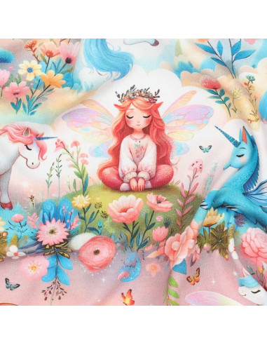 Tissu, Jersey de Coton Imprimé Licornes Féeriques, Bleu et Rose Pastel, Laize 140 cm, Coton Stretch