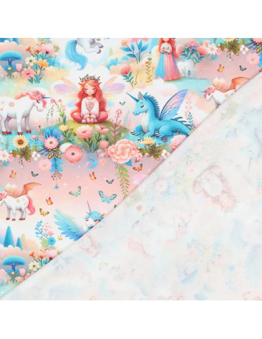 Tissu, Jersey de Coton Imprimé Licornes Féeriques, Bleu et Rose Pastel, Laize 140 cm, Coton Stretch