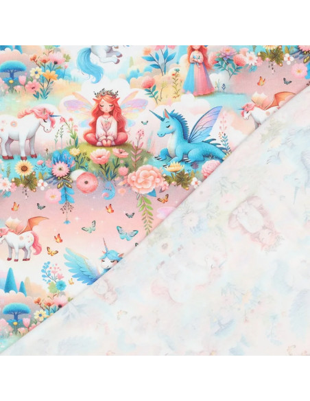 Tissu, Jersey de Coton Imprimé Licornes Féeriques, Bleu et Rose Pastel, Laize 140 cm, Coton Stretch