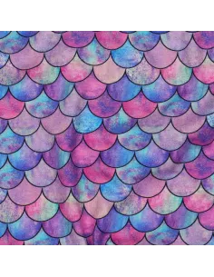 Tissu, Jersey de Coton Imprimé Écailles de Sirène, Violet Bleu Rose Scintillant, Laize 140 cm, Coton Stretch