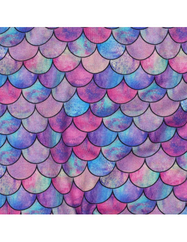Tissu, Jersey de Coton Imprimé Écailles de Sirène, Violet Bleu Rose Scintillant, Laize 140 cm, Coton Stretch