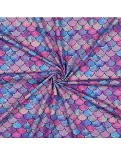 Tissu, Jersey de Coton Imprimé Écailles de Sirène, Violet Bleu Rose Scintillant, Laize 140 cm, Coton Stretch 2