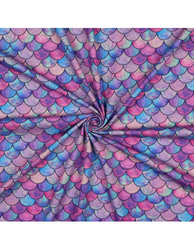 Tissu, Jersey de Coton Imprimé Écailles de Sirène, Violet Bleu Rose Scintillant, Laize 140 cm, Coton Stretch