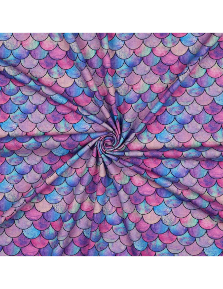 Tissu, Jersey de Coton Imprimé Écailles de Sirène, Violet Bleu Rose Scintillant, Laize 140 cm, Coton Stretch