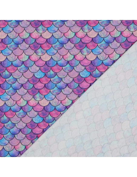 Tissu, Jersey de Coton Imprimé Écailles de Sirène, Violet Bleu Rose Scintillant, Laize 140 cm, Coton Stretch
