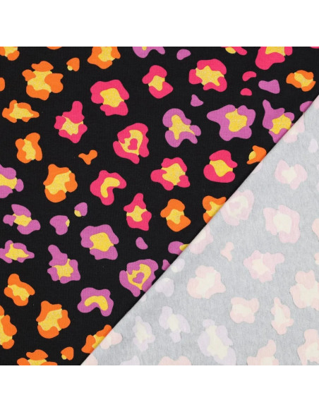 Tissu, Jersey de Coton Imprimé Léopard Pop, Multicolore Pailleté sur Noir, Laize 150 cm, Coton Stretch