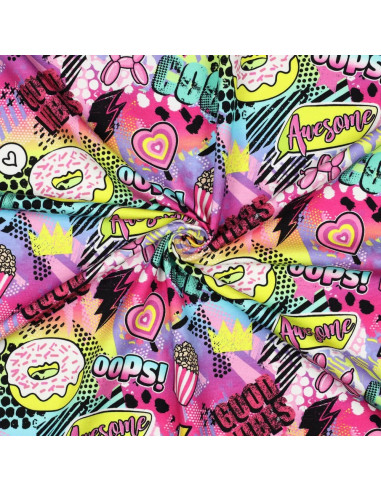 Tissu, French Terry Impression Digitale Pop Culture, Multicolore Awesome, Laize 150 cm, Coton Stretch