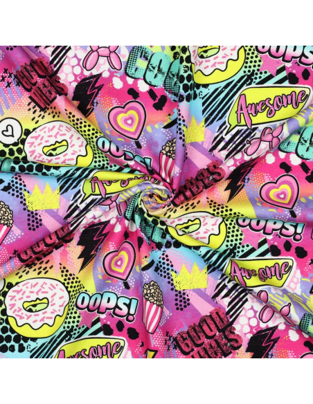 Tissu, French Terry Impression Digitale Pop Culture, Multicolore Awesome, Laize 150 cm, Coton Stretch