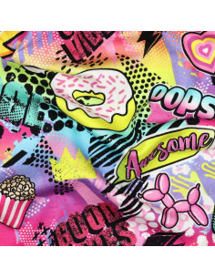 Tissu, French Terry Impression Digitale Pop Culture, Multicolore Awesome, Laize 150 cm, Coton Stretch