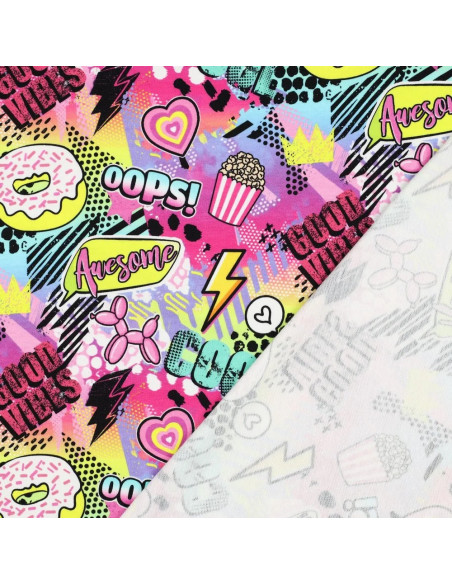 Tissu, French Terry Impression Digitale Pop Culture, Multicolore Awesome, Laize 150 cm, Coton Stretch