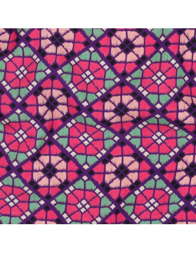 Tissu, Viscose EcoVero Mosaïque Florale Géométrique, Violet Rose Vert d'Eau, Laize 138 cm, 100% Viscose EcoVero 115g/m²