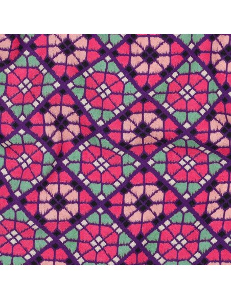 Tissu, Viscose EcoVero Mosaïque Florale Géométrique, Violet Rose Vert d'Eau, Laize 138 cm, 100% Viscose EcoVero 115g/m²