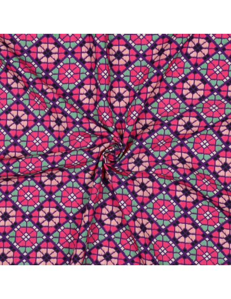 Tissu, Viscose EcoVero Mosaïque Florale Géométrique, Violet Rose Vert d'Eau, Laize 138 cm, 100% Viscose EcoVero 115g/m²