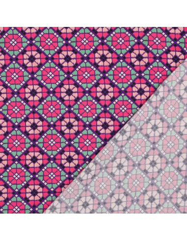 Tissu, Viscose EcoVero Mosaïque Florale Géométrique, Violet Rose Vert d'Eau, Laize 138 cm, 100% Viscose EcoVero 115g/m²