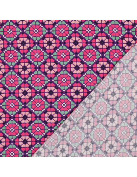 Tissu, Viscose EcoVero Mosaïque Florale Géométrique, Violet Rose Vert d'Eau, Laize 138 cm, 100% Viscose EcoVero 115g/m²