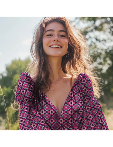 Tissu, Viscose EcoVero Mosaïque Florale Géométrique, Violet Rose Vert d'Eau, Laize 138 cm, 100% Viscose EcoVero 115g/m²
