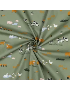 Tissu, Popeline de Coton Motif Ferme, Vert Tendre, Laize 150 cm, 100% Coton 135g/m² 2