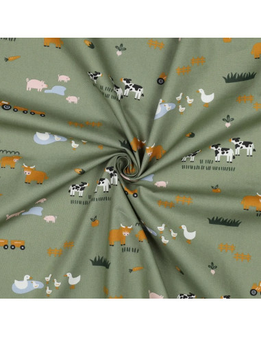 Tissu, Popeline de Coton Motif Ferme, Vert Tendre, Laize 150 cm, 100% Coton 135g/m²