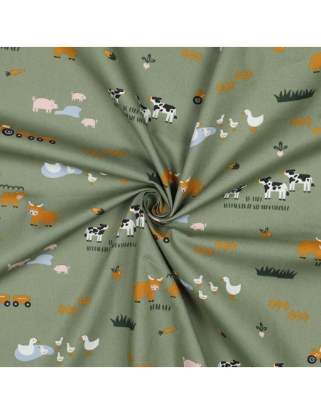 Tissu, Popeline de Coton Motif Ferme, Vert Tendre, Laize 150 cm, 100% Coton 135g/m²