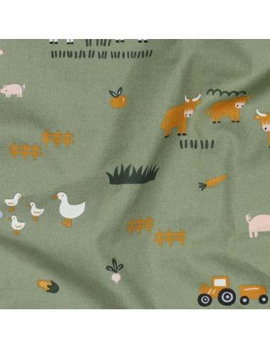 Tissu, Popeline de Coton Motif Ferme, Vert Tendre, Laize 150 cm, 100% Coton 135g/m²