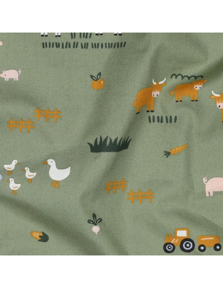 Tissu, Popeline de Coton Motif Ferme, Vert Tendre, Laize 150 cm, 100% Coton 135g/m²