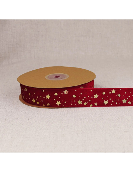 Ruban velours, 25mm, étoiles, rouge