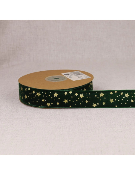 Ruban velours, 25mm, étoiles, vert sapin