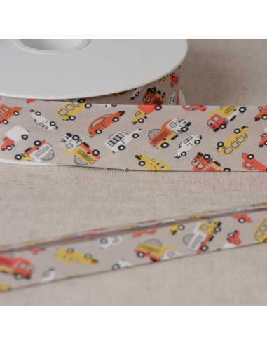 Biais tout textile, 25mm, petites voitures, gris