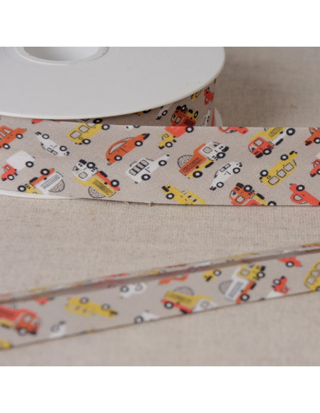 Biais tout textile, 25mm, petites voitures, gris