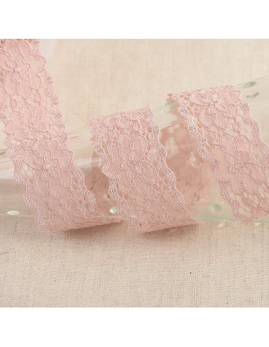 Ruban dentelle élastique fleurs, 25mm, rose