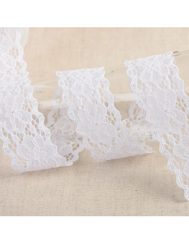 Ruban dentelle élastique fleurs, 25mm, blanc