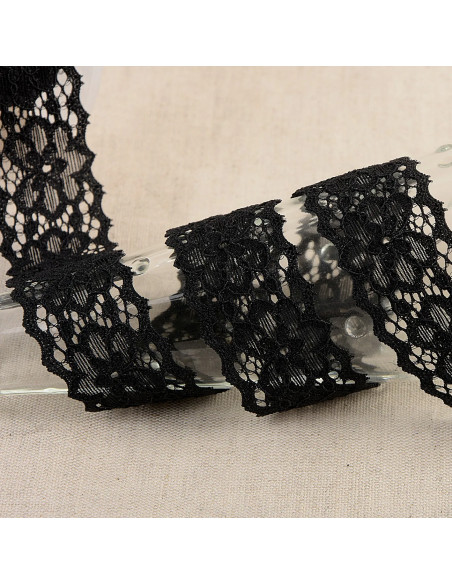 Ruban dentelle élastique fleurs, 25mm, noir