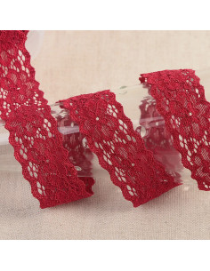 Ruban dentelle élastique fleurs, 25mm, rouge bordeaux