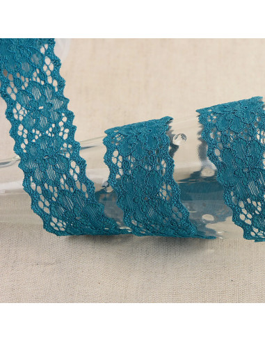Ruban dentelle élastique fleurs, 25mm, bleu canard
