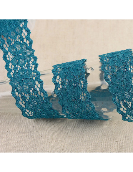 Ruban dentelle élastique fleurs, 25mm, bleu canard