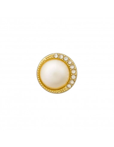 Bouton métal/strass, à pied avec perle, 11mm, or/blanc