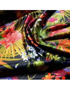 Tissu, Velours Impression Numérique, Fleurs Exotiques sur Fond Noir, Laize 140 cm, 100% Polyester 310g/m² 2