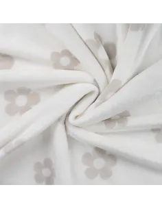 Tissu, Polaire Doudou Imprimée, Fleurs Gris Taupe sur Écru, Laize 155 cm, 100% Polyester 260g/m² 2