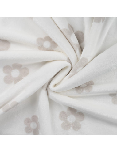 Tissu, Polaire Doudou Imprimée, Fleurs Gris Taupe sur Écru, Laize 155 cm, 100% Polyester 260g/m²
