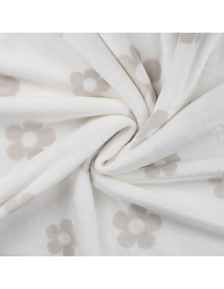 Tissu, Polaire Doudou Imprimée, Fleurs Gris Taupe sur Écru, Laize 155 cm, 100% Polyester 260g/m²