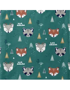Tissu, Polaire Doudou Renards Forêt, Vert Canard Rouille, Laize 150 cm, 100% Polyester 260g/m²