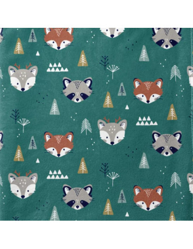 Tissu, Polaire Doudou Renards Forêt, Vert Canard Rouille, Laize 150 cm, 100% Polyester 260g/m²