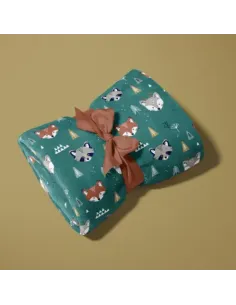 Tissu, Polaire Doudou Renards Forêt, Vert Canard Rouille, Laize 150 cm, 100% Polyester 260g/m² 2